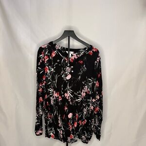 CJ Banks Floral Crinkle Blouse | Black Pink Red Print | Long Sleeve | Size 2XL
